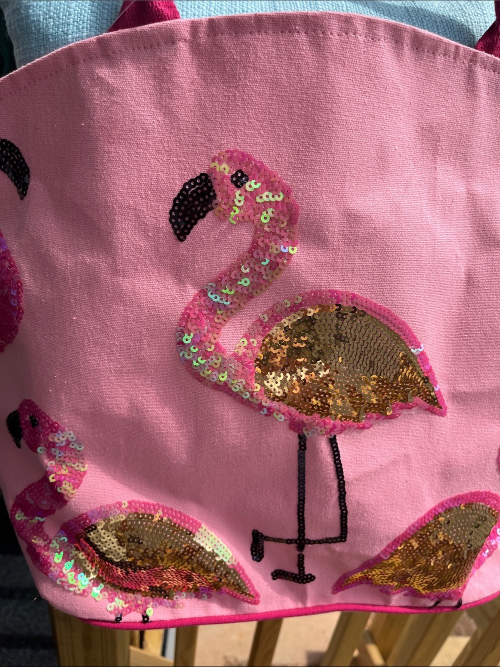 Pink Sequin Flamingo Tote Book Bag Farmers Market Tote - Picture 2 of 10